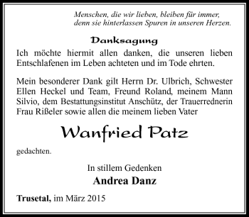 Traueranzeige von Wanfried Patz von Südthüringer Presse