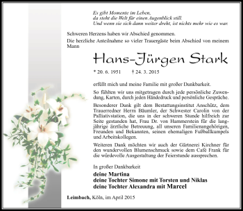 Traueranzeige von Hans-Jürgen Stark von Südthüringer Presse