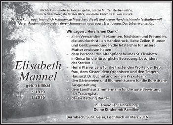 Traueranzeige von Elisabeth Mannel von Südthüringer Presse