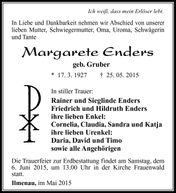 Traueranzeige von Margarete Enders von Südthüringer Presse