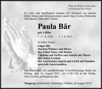 Traueranzeige von Paula Bär von Südthüringer Presse