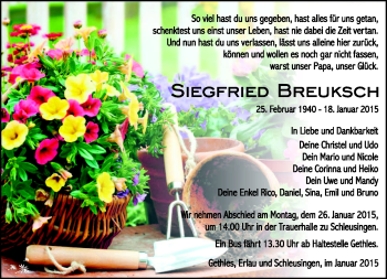 Traueranzeige von Siegfried Breuksch von Südthüringer Presse