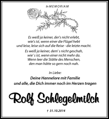 Traueranzeige von Rolf Schlegelmilch von Südthüringer Presse