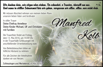 Traueranzeige von Manfred Kolb von Südthüringer Presse