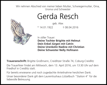 Traueranzeige von Gerda Resch von Neue Presse Coburg