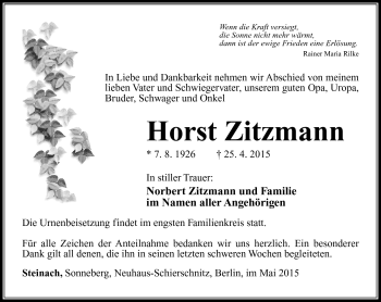 Traueranzeige von Horst Zitzmann von Südthüringer Presse