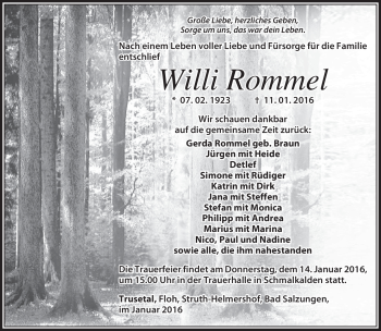 Traueranzeige von Willi Rommel von Südthüringer Presse