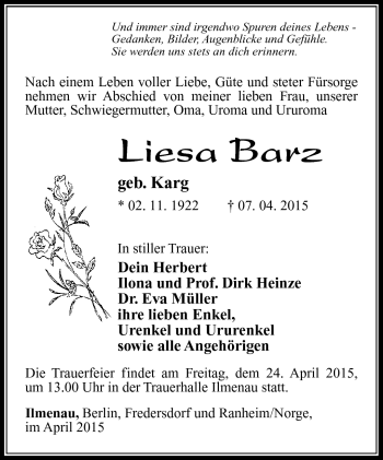 Traueranzeige von Liesa Barz von Südthüringer Presse