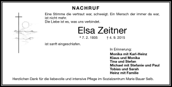 Traueranzeige von Elsa Zeitner von Frankenpost