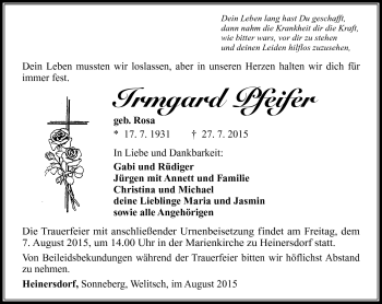Traueranzeige von Irmgard Pfeifer von Südthüringer Presse