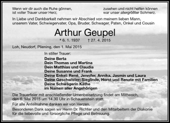 Traueranzeige von Arthur Geupel von Frankenpost