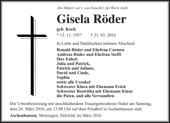 Traueranzeige von Gisela Röder von Südthüringer Presse