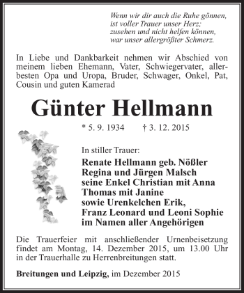 Traueranzeige von Günter Hellmann von Südthüringer Presse