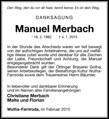 Traueranzeige von Manuel Merbach von Südthüringer Presse