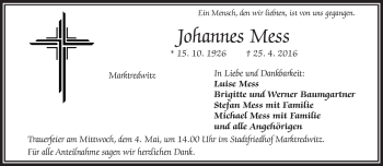 Traueranzeige von Johannes Mess von Frankenpost