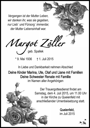 Traueranzeige von Margot Zöllner von Südthüringer Presse