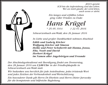 Traueranzeige von Hans Krügel von Frankenpost
