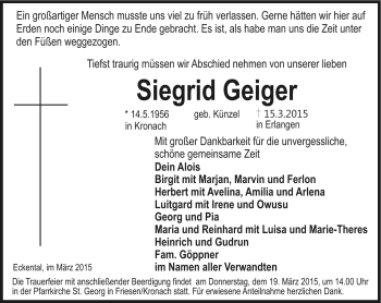 Traueranzeige von Siegrid Geiger von Neue Presse Coburg