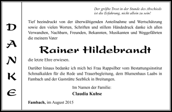 Traueranzeige von Rainer Hildebrandt von Südthüringer Presse