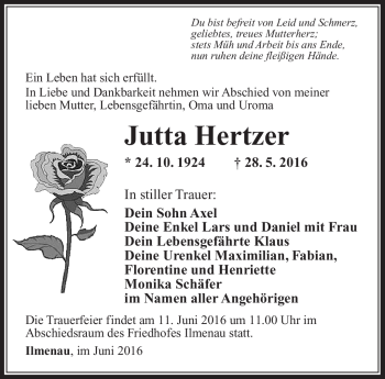 Traueranzeige von Jutta Hertzer von Südthüringer Presse