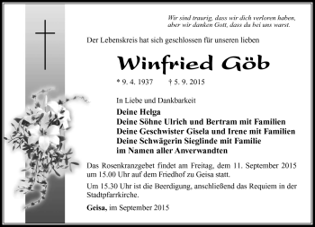 Traueranzeige von Winfried Göb von Südthüringer Presse