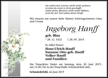 Traueranzeige von Ingeborg Hanf von Südthüringer Presse