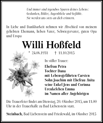 Traueranzeige von Willi Hoßfeld von Südthüringer Presse