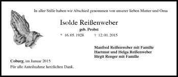 Traueranzeige von Isolde Reißenweber von Neue Presse Coburg