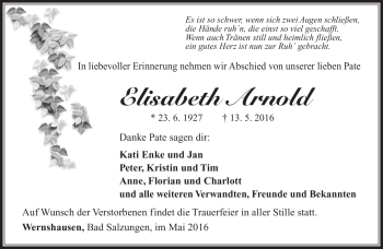Traueranzeige von Elisabeth Arnold von Südthüringer Presse
