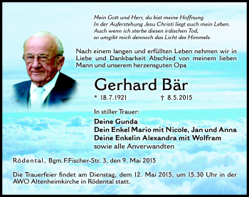 Traueranzeige von Gerhard Bär von Neue Presse Coburg