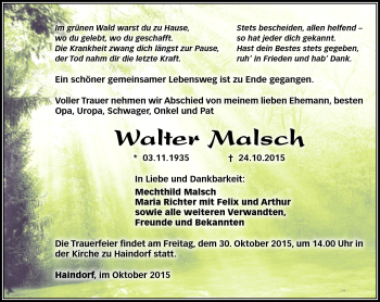 Traueranzeige von Walter Malsch von Südthüringer Presse