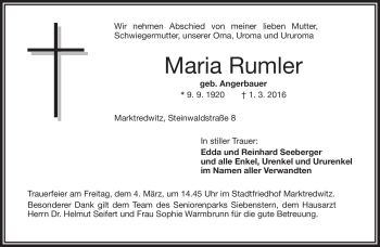 Traueranzeige von Maria Rumler von Frankenpost