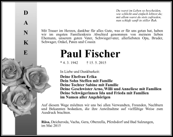 Traueranzeige von Paul Fischer von Südthüringer Presse