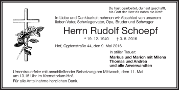 Traueranzeige von Rudolf Schoepf von Frankenpost