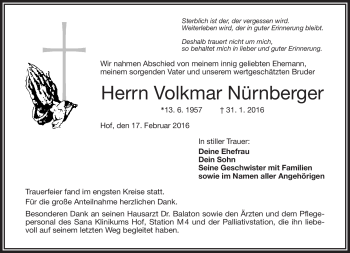 Traueranzeige von Volkmar Nürnberger von Frankenpost