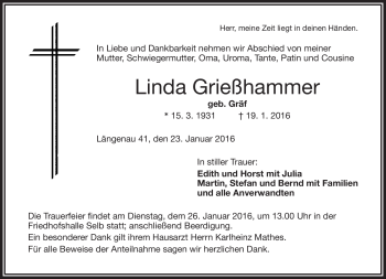 Traueranzeige von Linda Grießhammer von Frankenpost