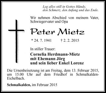 Traueranzeige von Peter Mitz von Südthüringer Presse