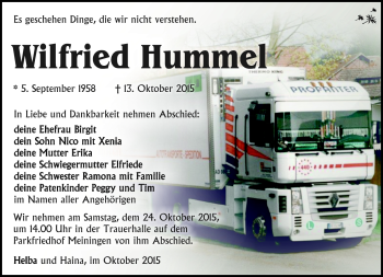 Traueranzeige von Wilfried Hummel von Südthüringer Presse
