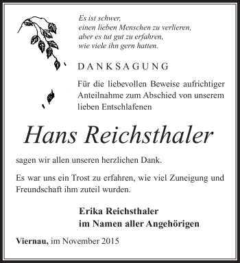 Traueranzeige von Hans Reichsthaler von Südthüringer Presse