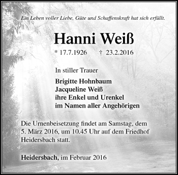 Traueranzeige von Hanni Weiß von Südthüringer Presse
