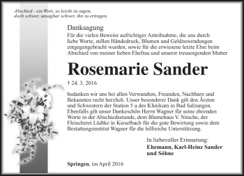 Traueranzeige von Rosemarie Sander von Südthüringer Presse