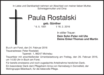 Traueranzeige von Paula Rostalski von Neue Presse Coburg