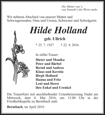Traueranzeige von Hilde Holland von Südthüringer Presse