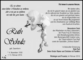 Traueranzeige von Ruth Schulz von Südthüringer Presse