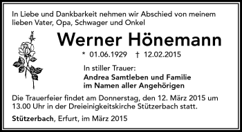 Traueranzeige von Werner Hönemann von Südthüringer Presse