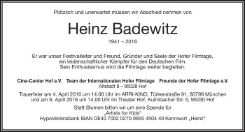 Traueranzeige von Heinz Badewitz von Frankenpost