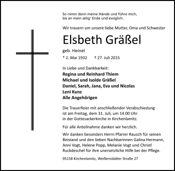 Traueranzeige von Elsbeth Gräßel von Frankenpost