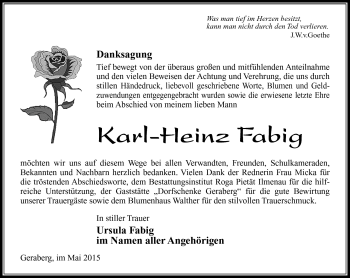 Traueranzeige von Karl-Heinz Fabig von Südthüringer Presse
