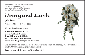 Traueranzeige von Irmgard Lask von Südthüringer Presse
