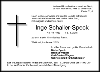 Traueranzeige von Inge Schaller-Speck von Frankenpost